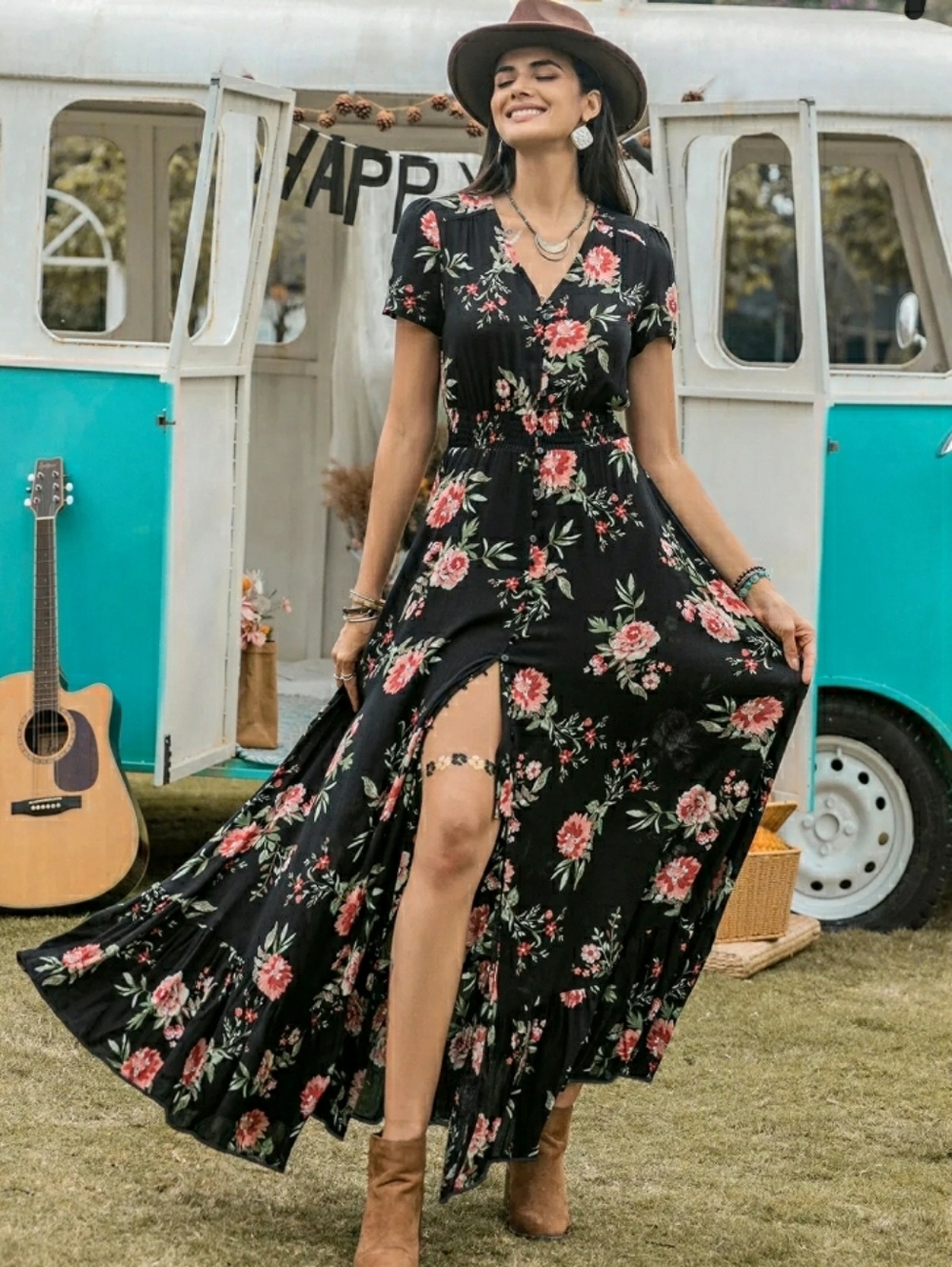 Rusttydustty Bohemian Maxi Dress Floral V-Neck Whimsygoth Viscose Size 2XL